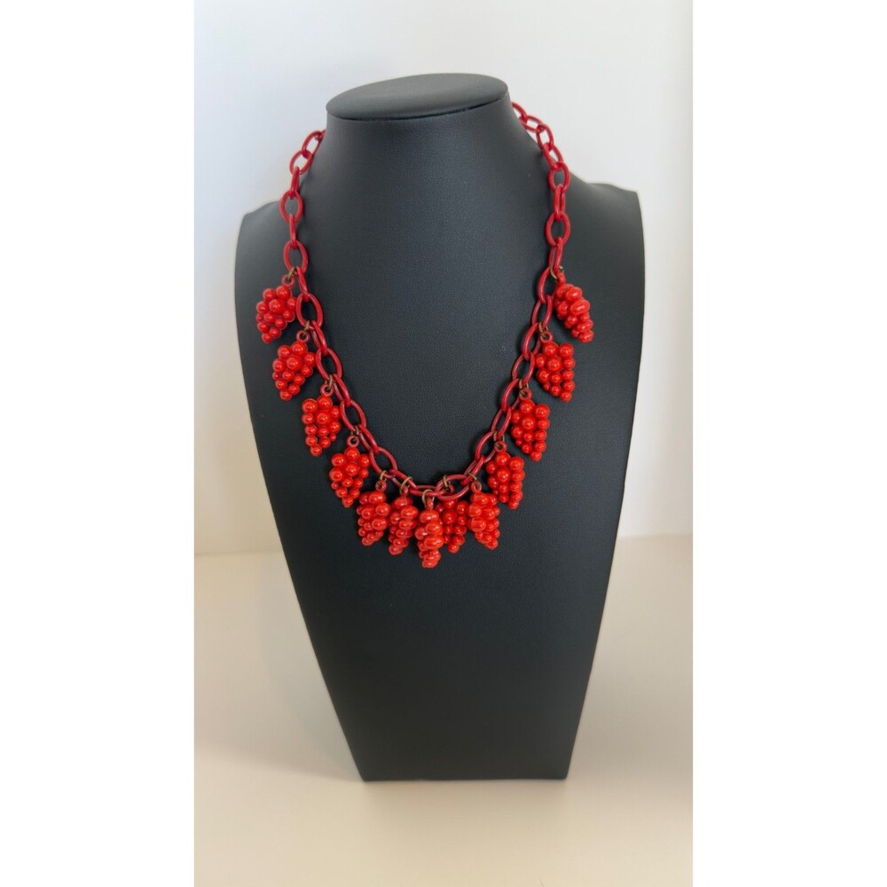 RARE Vintage Red Celluloid Grape Cluster Dangle Choker Necklace 1930s 1940s